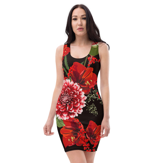 Floral Party Dress Red Black Floral All-Over Oversized Print Bodycon Dress