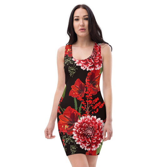 Floral Party Dress Red Black Floral All-Over Oversized Print Bodycon Dress