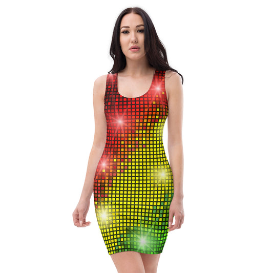 Red Gold & Green Sleeveless Sparkling Multicoloured Disco Lights Bodycon Party Dress