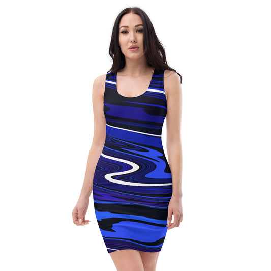 Blue Dress Monochromatic Abstract Striped All-Over Print Fitted Dress