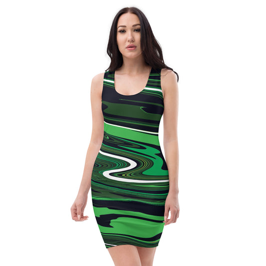 Green Dress Monochromatic Abstract Striped All-Over Print Fitted Dress