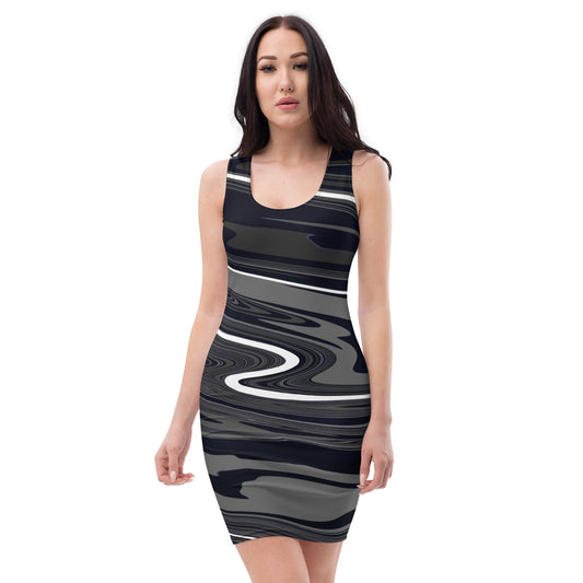 Grey Black Dress Monochromatic Abstract Striped All-Over Print Fitted Dress