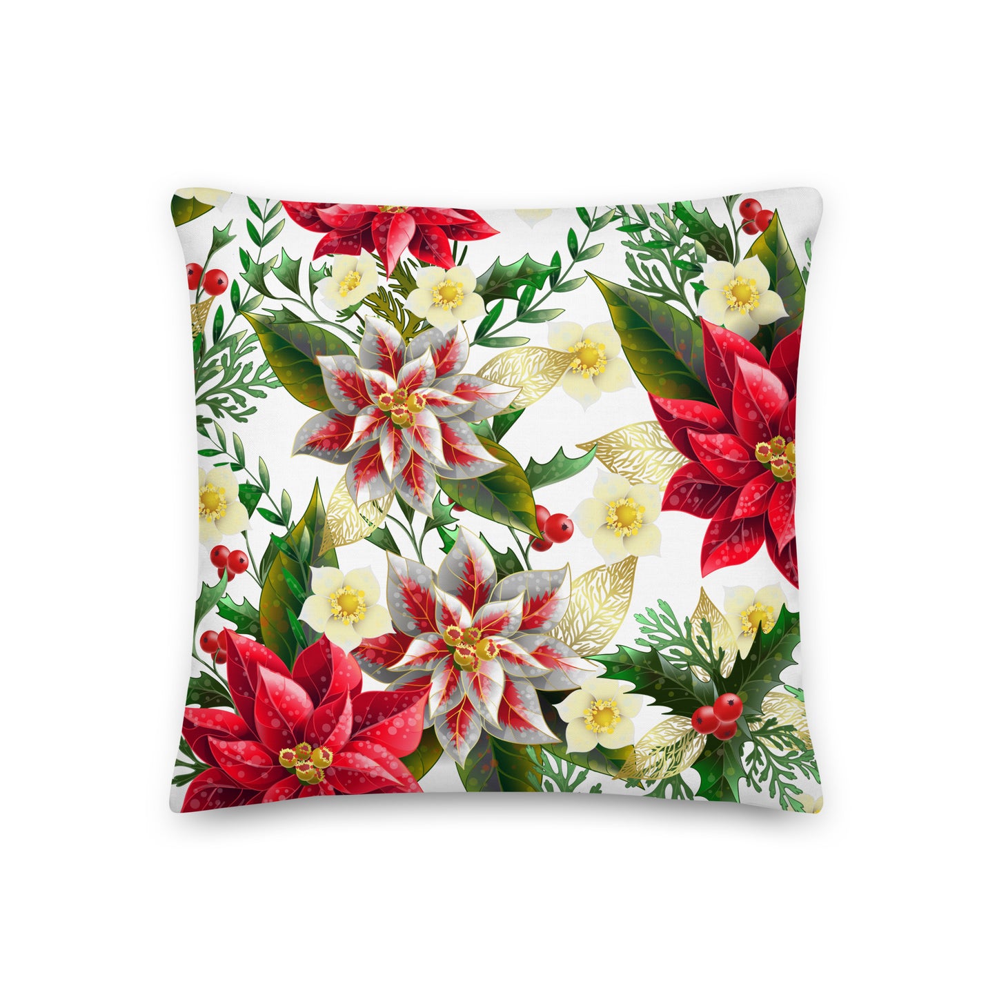 Christmas Cushion Poinsettia & Holly All-Over Print Premium Pillow Throw Cushion
