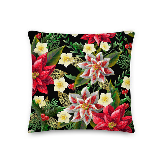 Christmas Cushion Poinsettia & Holly All-Over Print Premium Pillow Throw Cushion