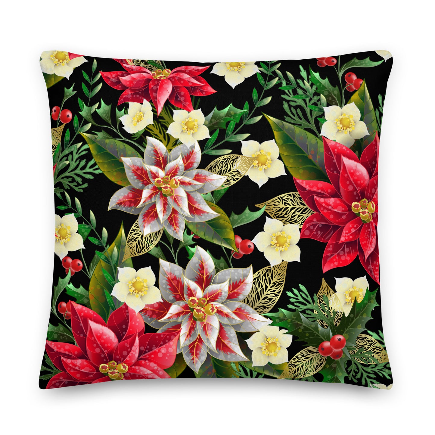 Christmas Cushion Poinsettia & Holly All-Over Print Premium Pillow Throw Cushion