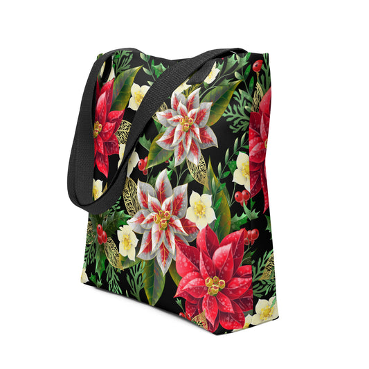 Christmas Tote Bag Shopper Bag Oversized Poinsettia & Holly All-Over Print Tote Bag