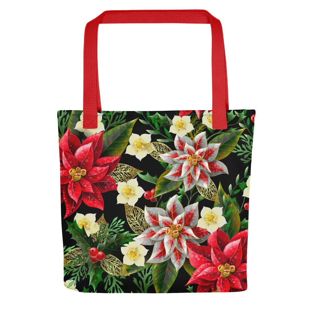 Christmas Tote Bag Shopper Bag Oversized Poinsettia & Holly All-Over Print Tote Bag