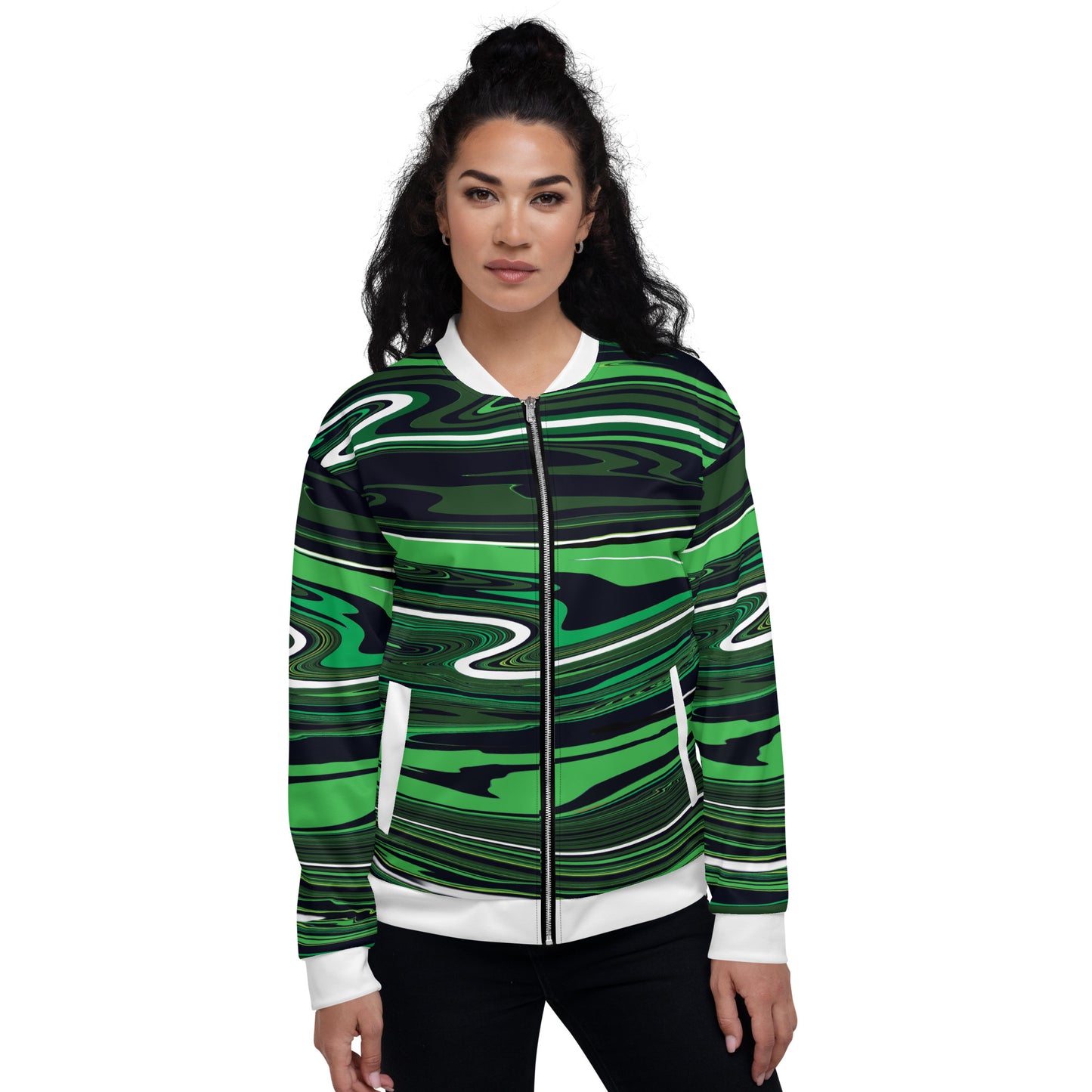 Green Bomber Jacket Monochromatic Abstract Striped All-Over Print Unisex Jacket