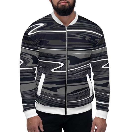 Grey Black Bomber Jacket Monochromatic Abstract Striped All-Over Print Unisex Jacket