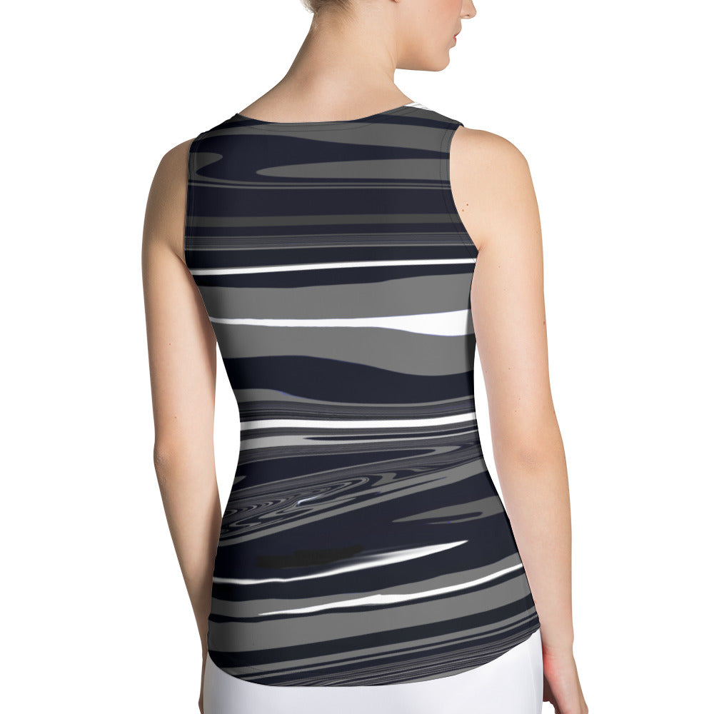 Grey Black Tank Top Monochromatic Abstract Striped All-Over Print Womens Fitted Tank Top