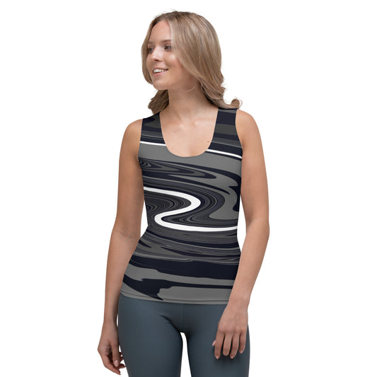 Grey Black Tank Top Monochromatic Abstract Striped All-Over Print Womens Fitted Tank Top
