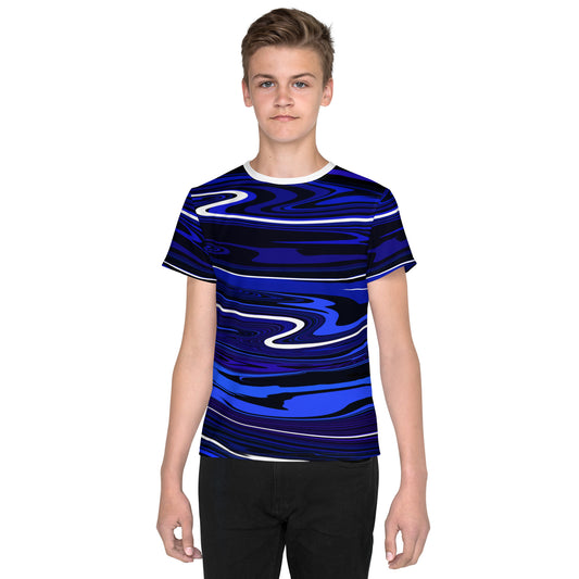 Blue Youth TShirt Monochromatic Abstract Striped All Over Print Youth Crew Neck T Shirt