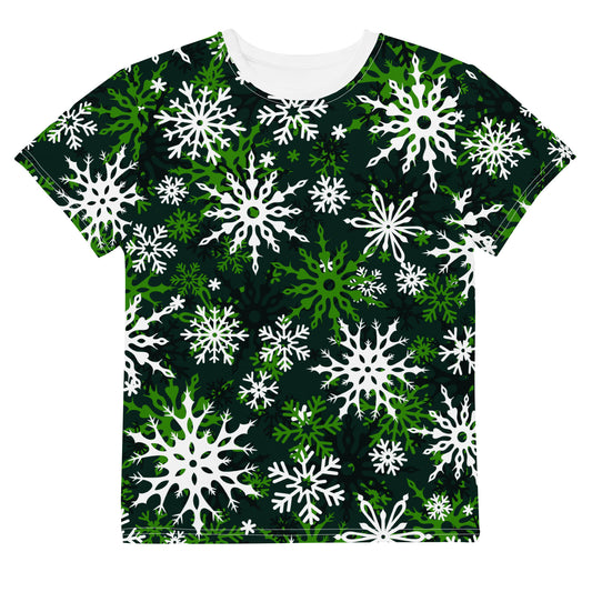Youth's Christmas TShirt Green Snowflake Festive Oversized All-Over Print Unisex Kids T-Shirt