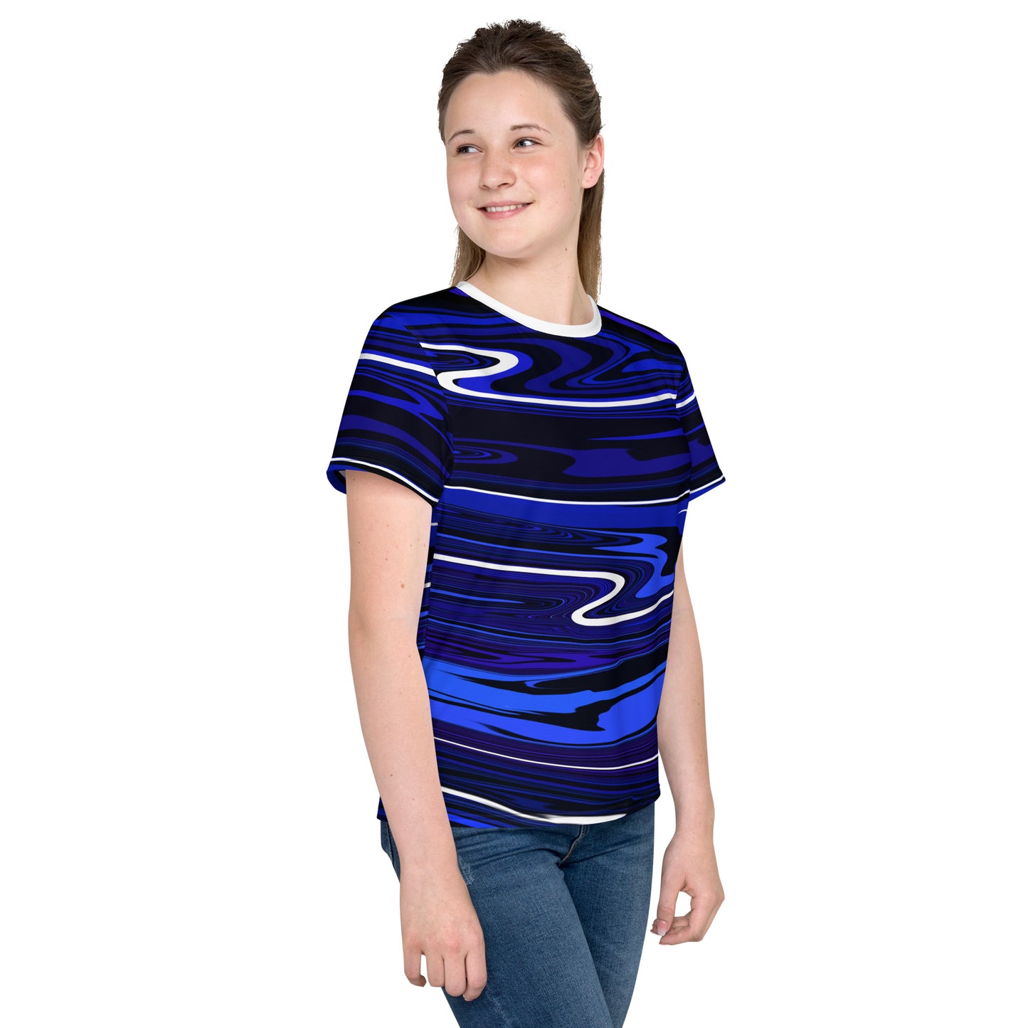 Blue Youth TShirt Monochromatic Abstract Striped All Over Print Youth Crew Neck T Shirt
