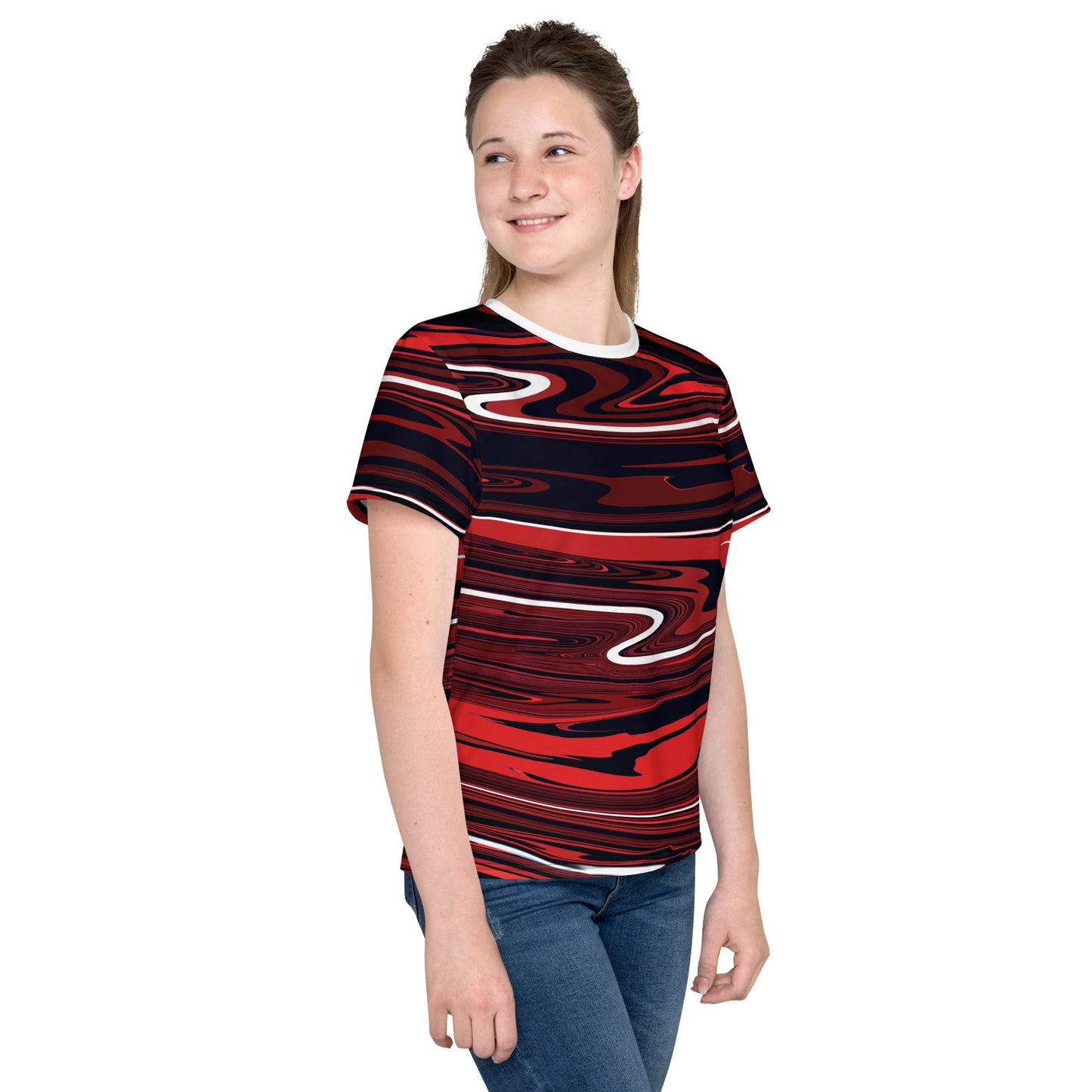 Red Youth TShirt Monochromatic Abstract Striped All Over Print Youth Crew Neck T Shirt