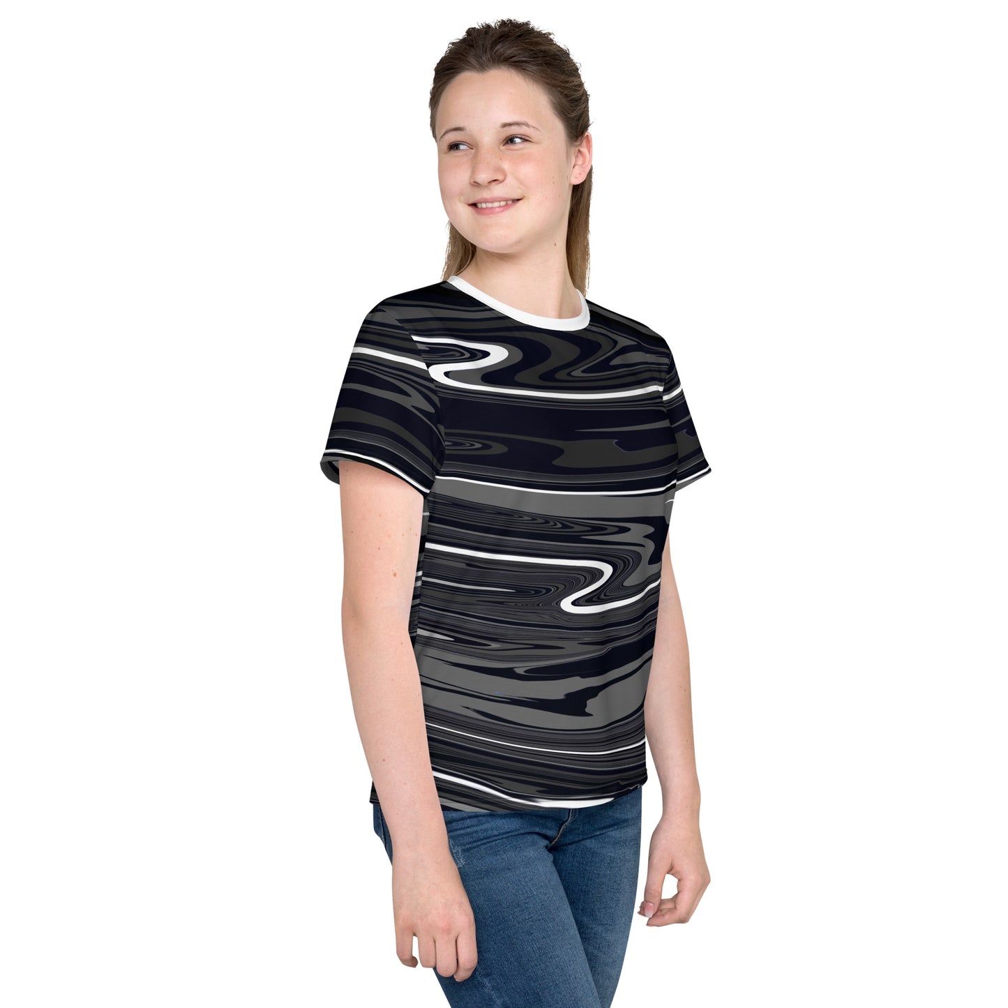 Grey Black Youth TShirt Monochromatic Abstract Striped All Over Print Youth Crew Neck T Shirt