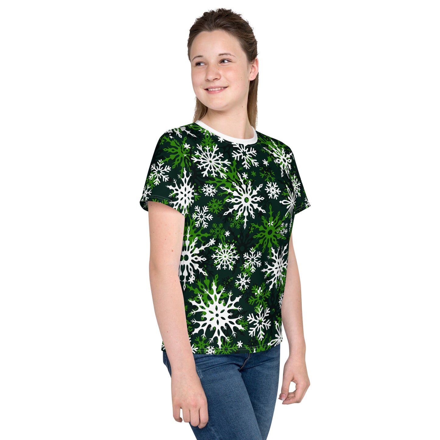Youth's Christmas TShirt Green Snowflake Festive Oversized All-Over Print Unisex Kids T-Shirt