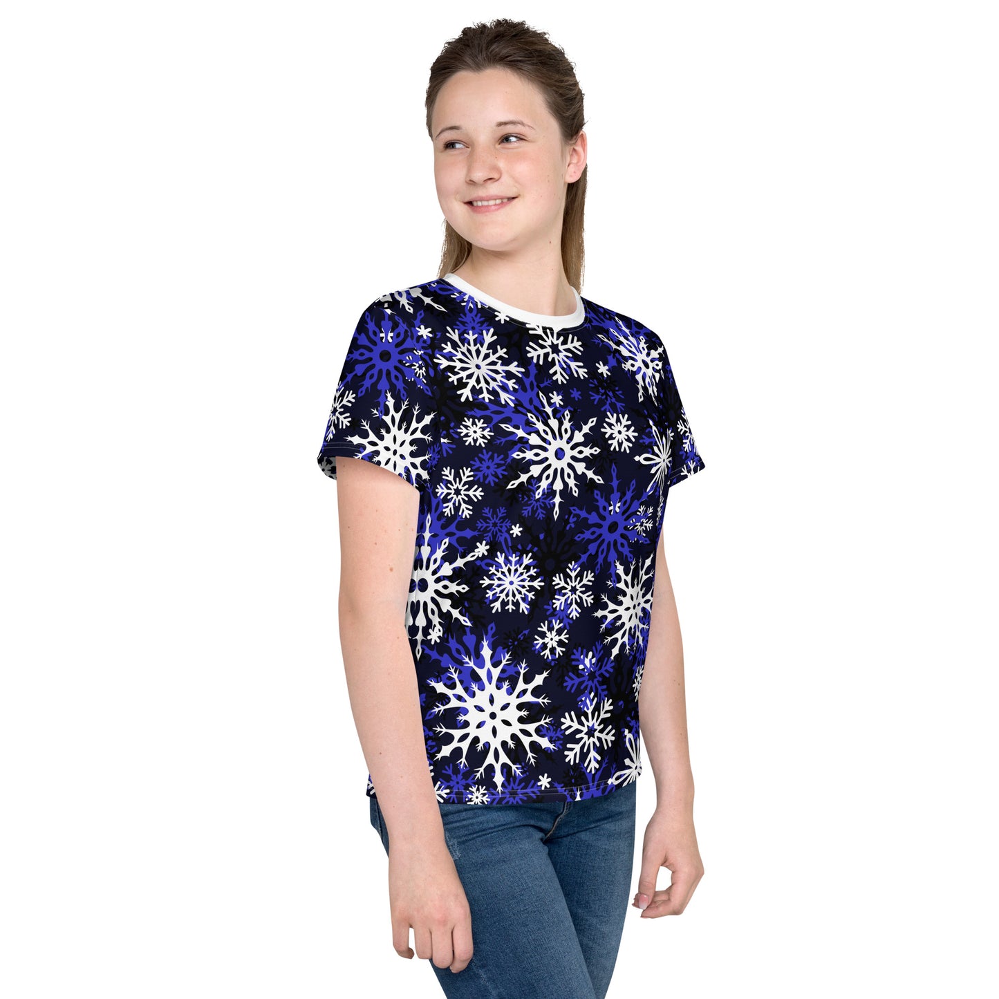 Youth's Christmas TShirt Blue Snowflake Festive Oversized All-Over Print Unisex Kids T-Shirt