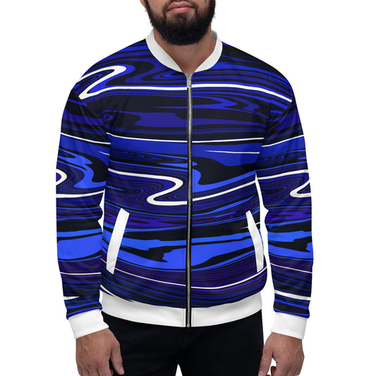 Blue Bomber Jacket Monochromatic Abstract Striped All-Over Print Unisex Jacket