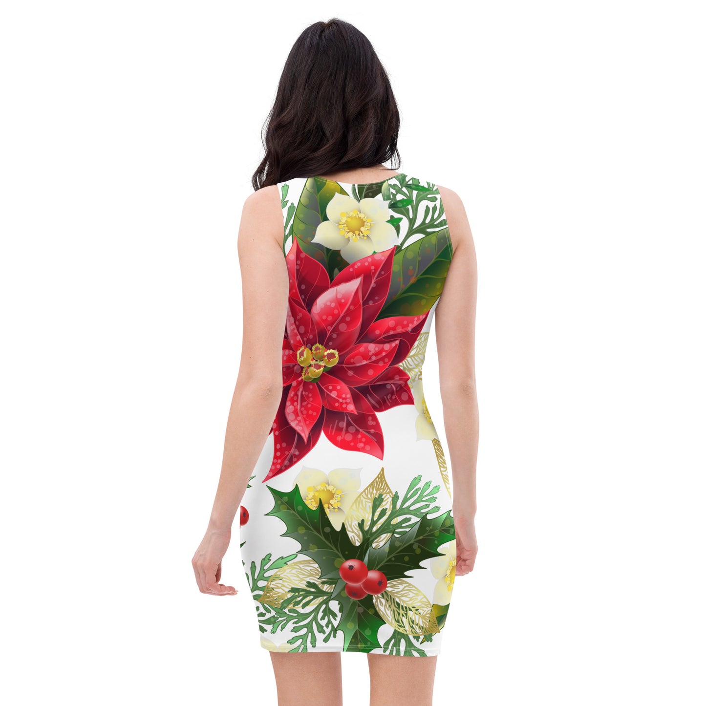 Christmas Party Dress Poinsettia & Holly All-Over Oversized Print Bodycon Dress