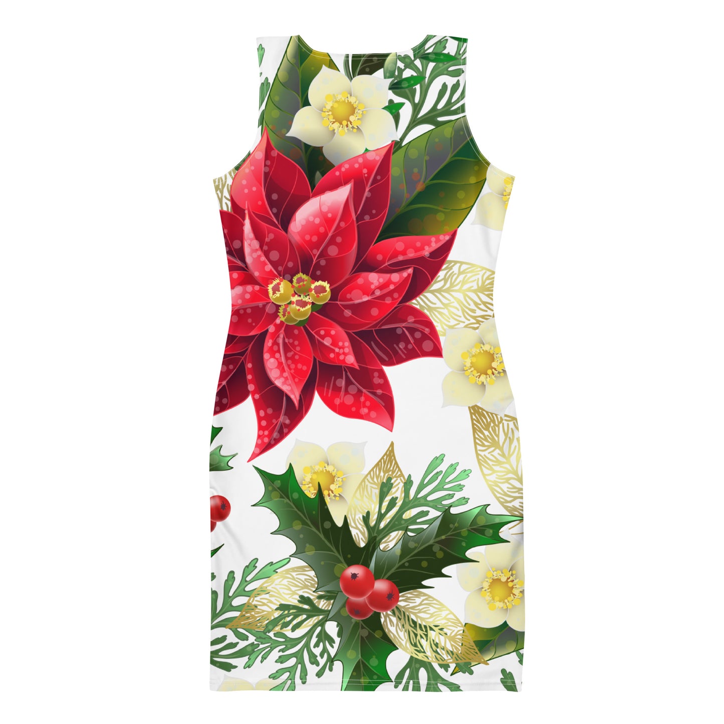 Christmas Party Dress Poinsettia & Holly All-Over Oversized Print Bodycon Dress