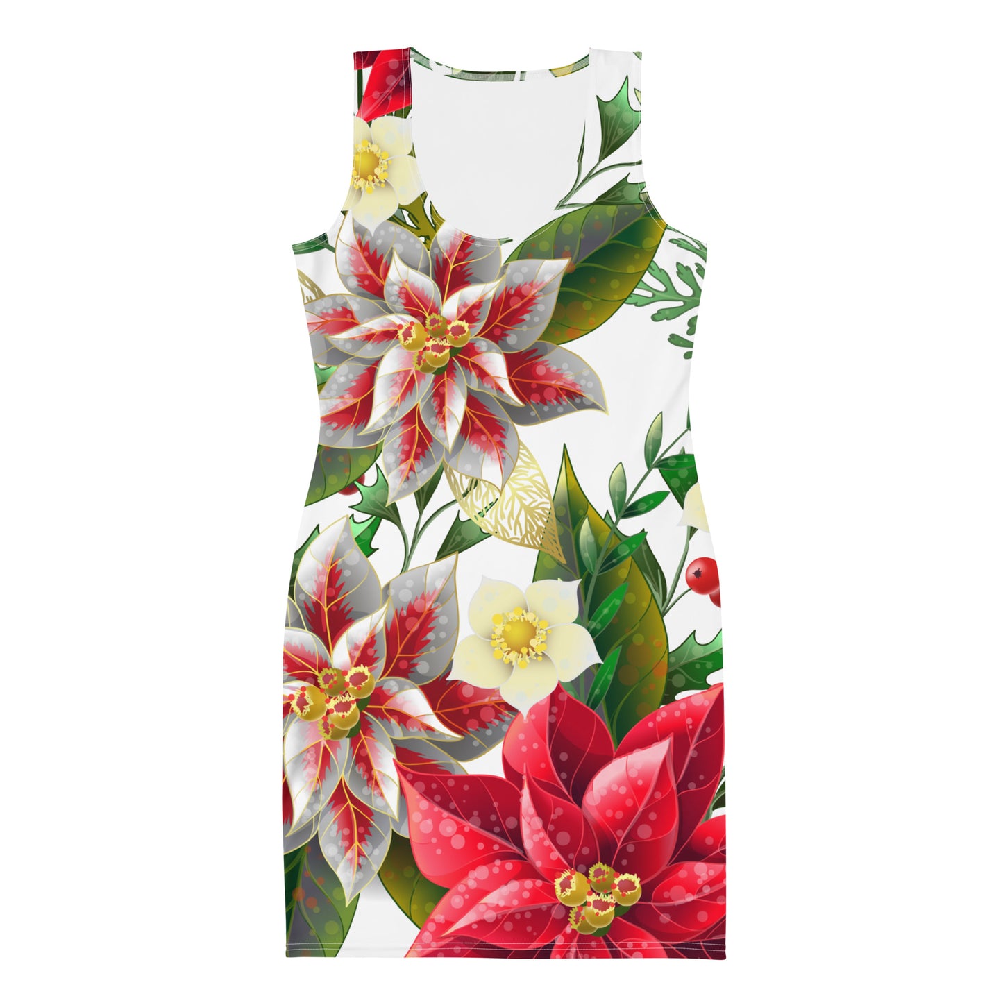 Christmas Party Dress Poinsettia & Holly All-Over Oversized Print Bodycon Dress