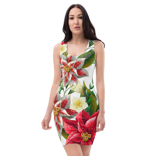 Christmas Party Dress Poinsettia & Holly All-Over Oversized Print Bodycon Dress
