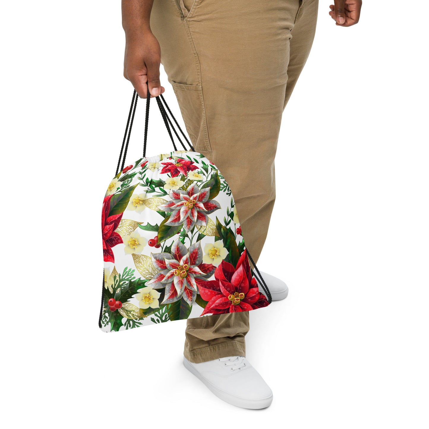 Christmas Backpack Bag Poinsettia & Holly All-Over Print Unisex Drawstring Bag