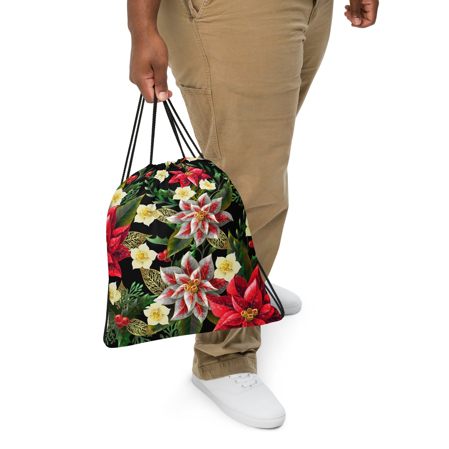 Christmas Themed Backpack Bag Poinsettia & Holly All-Over Print Unisex Drawstring Bag