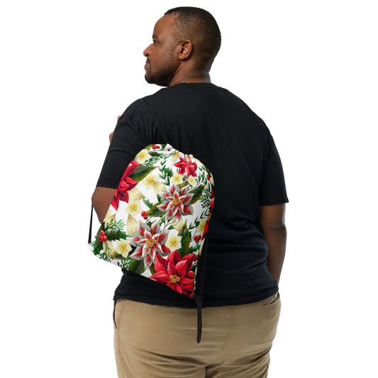 Christmas Backpack Bag Poinsettia & Holly All-Over Print Unisex Drawstring Bag