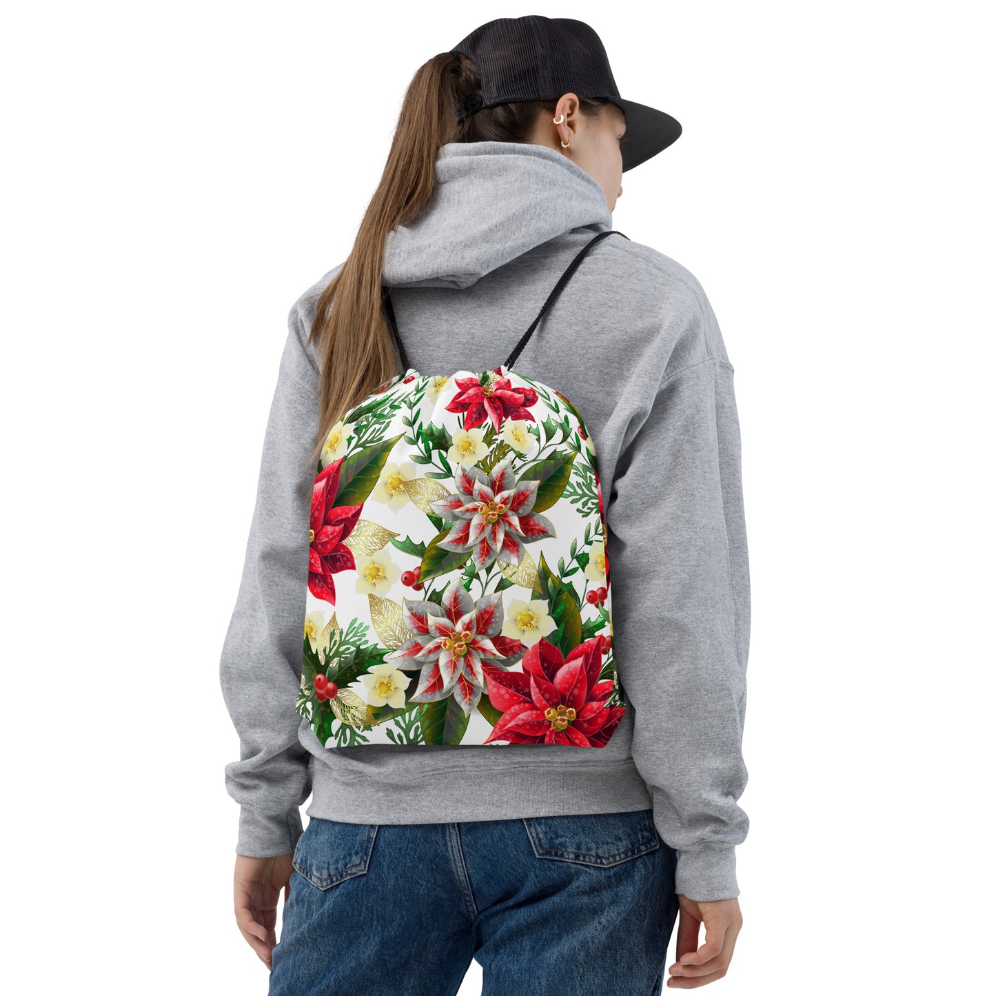 Christmas Backpack Bag Poinsettia & Holly All-Over Print Unisex Drawstring Bag