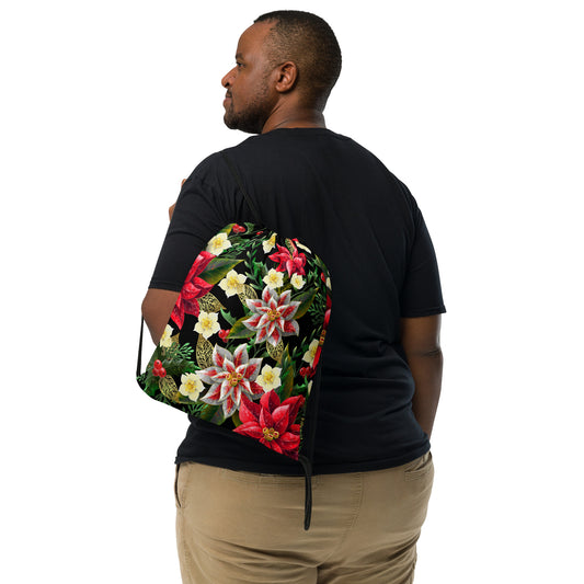 Christmas Themed Backpack Bag Poinsettia & Holly All-Over Print Unisex Drawstring Bag