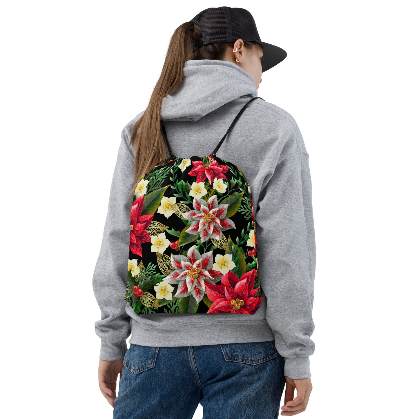 Christmas Themed Backpack Bag Poinsettia & Holly All-Over Print Unisex Drawstring Bag