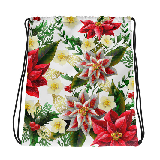 Christmas Backpack Bag Poinsettia & Holly All-Over Print Unisex Drawstring Bag