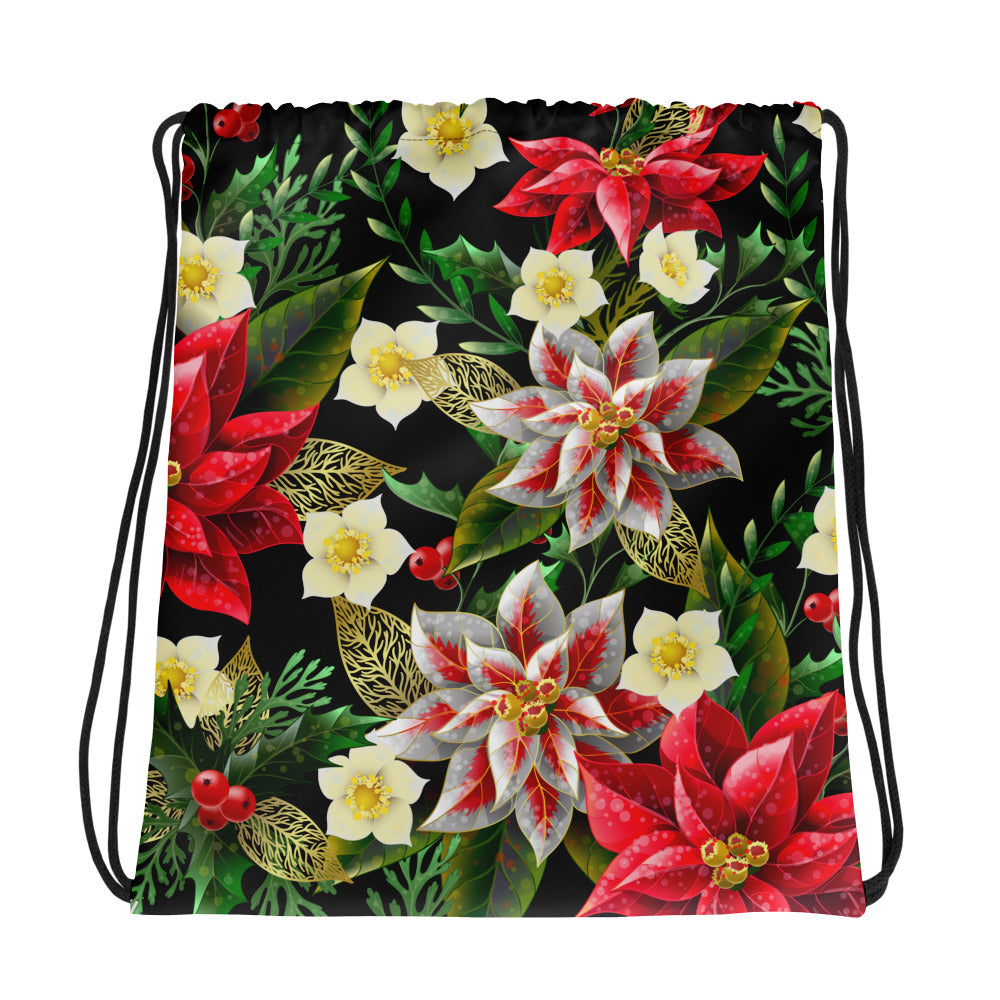 Christmas Themed Backpack Bag Poinsettia & Holly All-Over Print Unisex Drawstring Bag