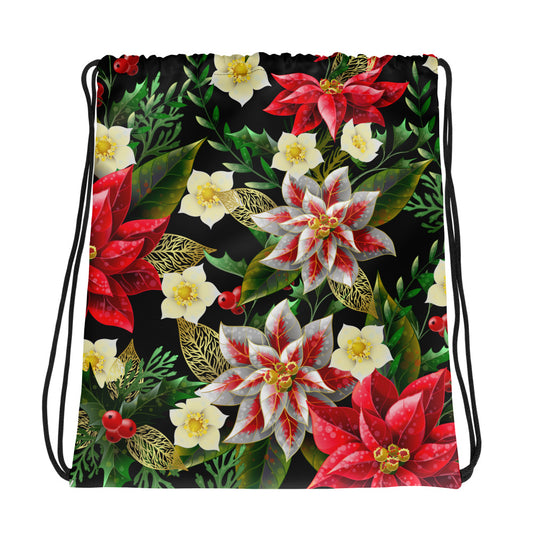 Christmas Themed Backpack Bag Poinsettia & Holly All-Over Print Unisex Drawstring Bag