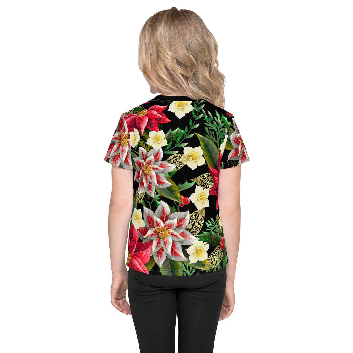 Kids Christmas TShirt Poinsettia & Holly Festive Oversized All-Over Print Unisex Kids T-Shirt