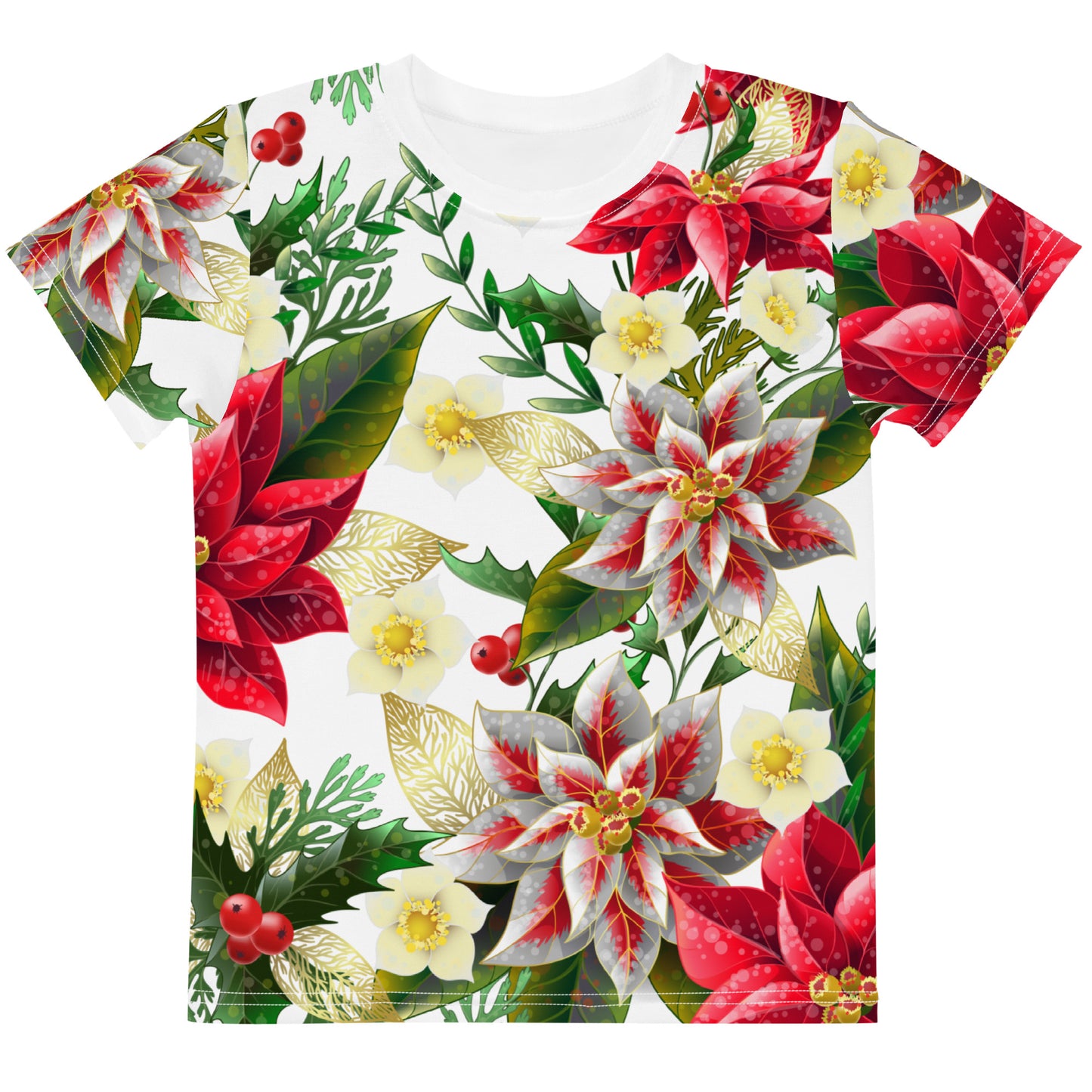 Kids Christmas TShirt Poinsettia & Holly Festive Oversized All-Over Print Unisex Kids T-Shirt