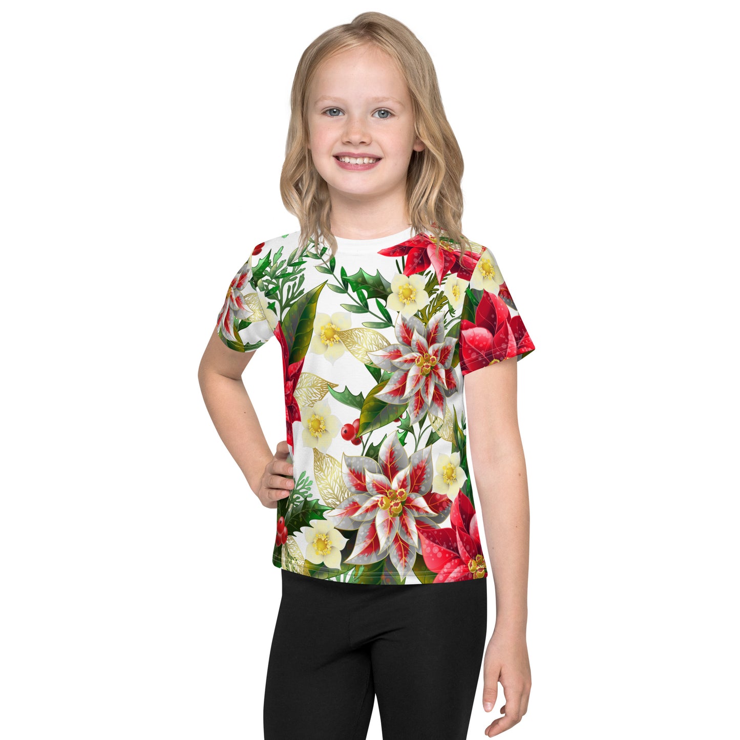 Kids Christmas TShirt Poinsettia & Holly Festive Oversized All-Over Print Unisex Kids T-Shirt