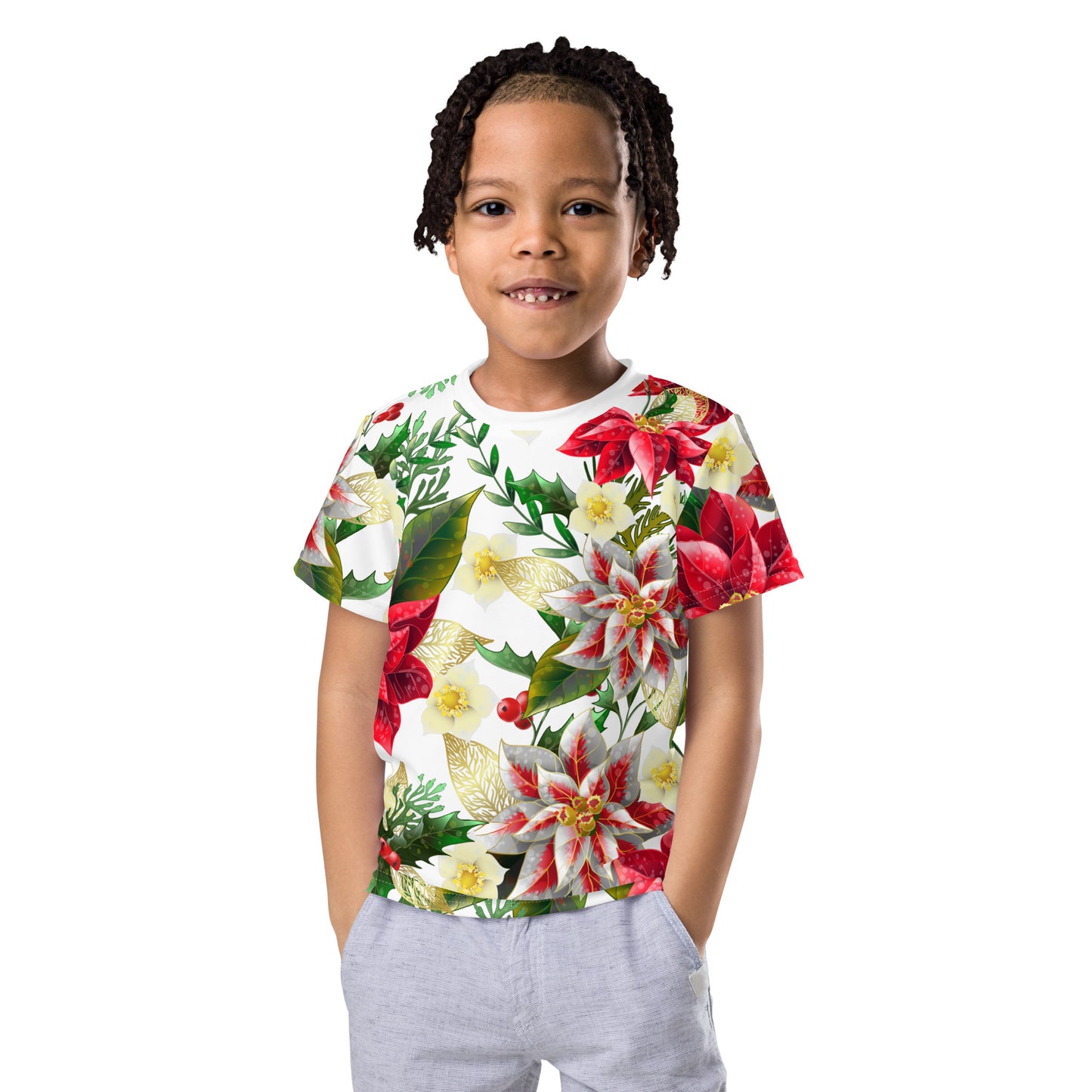 Kids Christmas TShirt Poinsettia & Holly Festive Oversized All-Over Print Unisex Kids T-Shirt