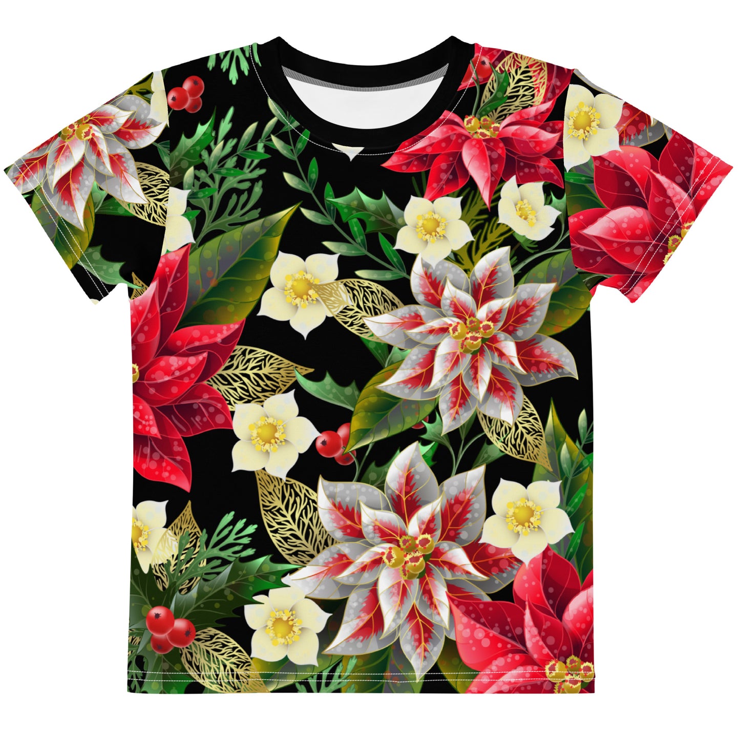 Kids Christmas TShirt Poinsettia & Holly Festive Oversized All-Over Print Unisex Kids T-Shirt