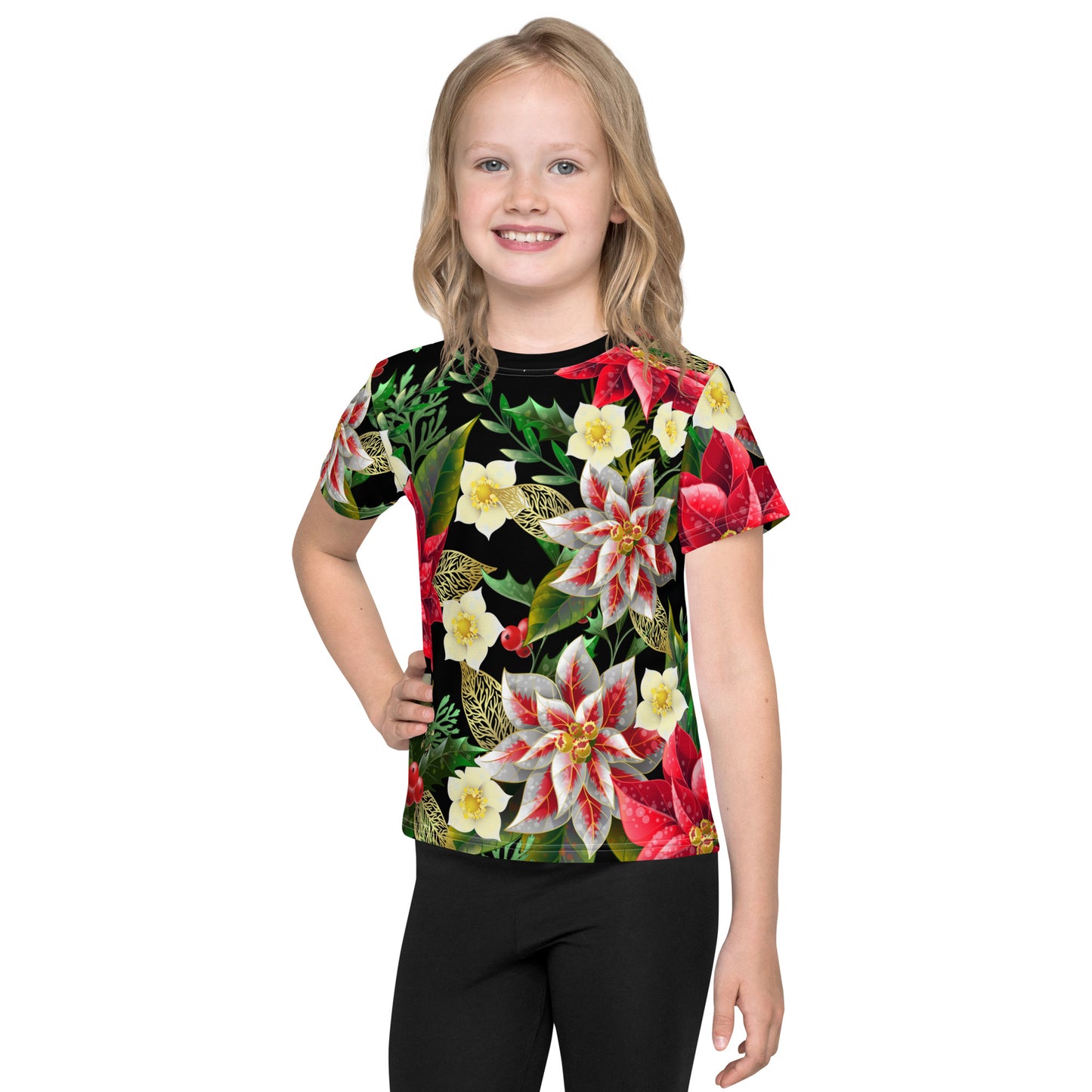 Kids Christmas TShirt Poinsettia & Holly Festive Oversized All-Over Print Unisex Kids T-Shirt