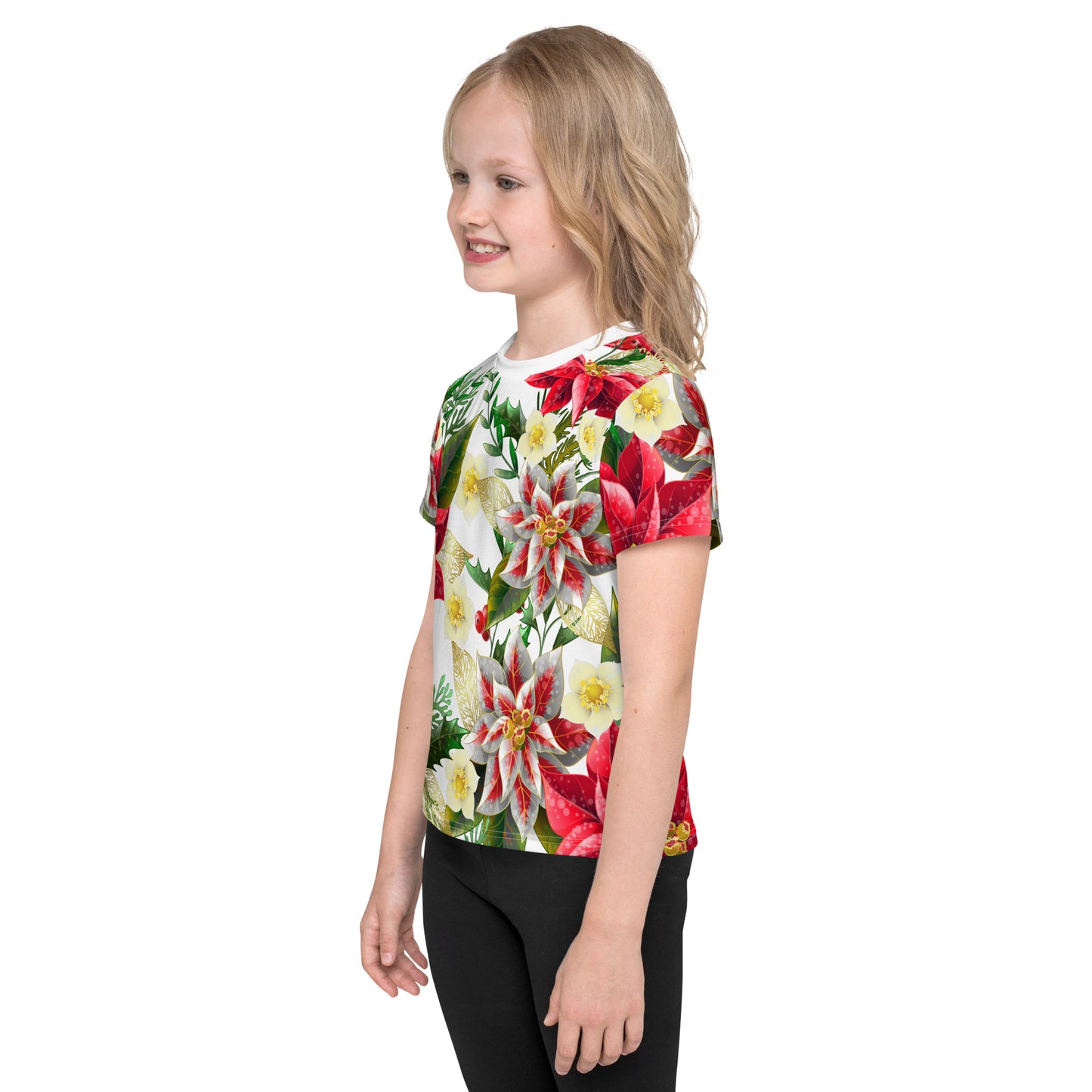 Kids Christmas TShirt Poinsettia & Holly Festive Oversized All-Over Print Unisex Kids T-Shirt
