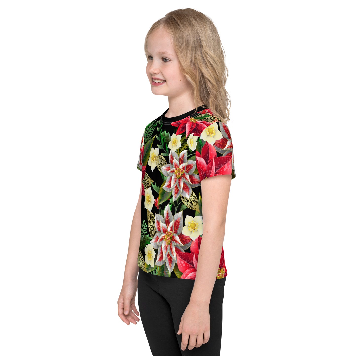 Kids Christmas TShirt Poinsettia & Holly Festive Oversized All-Over Print Unisex Kids T-Shirt