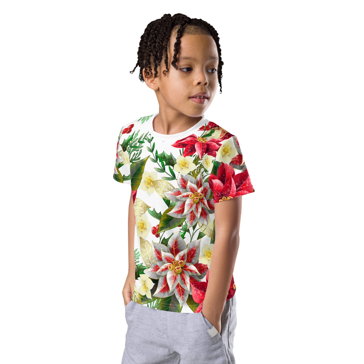 Kids Christmas TShirt Poinsettia & Holly Festive Oversized All-Over Print Unisex Kids T-Shirt