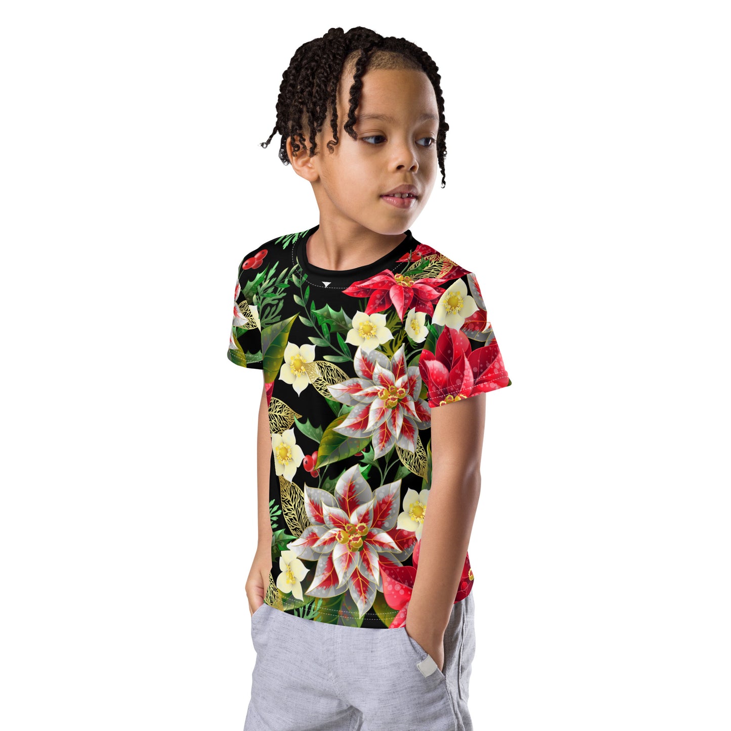 Kids Christmas TShirt Poinsettia & Holly Festive Oversized All-Over Print Unisex Kids T-Shirt
