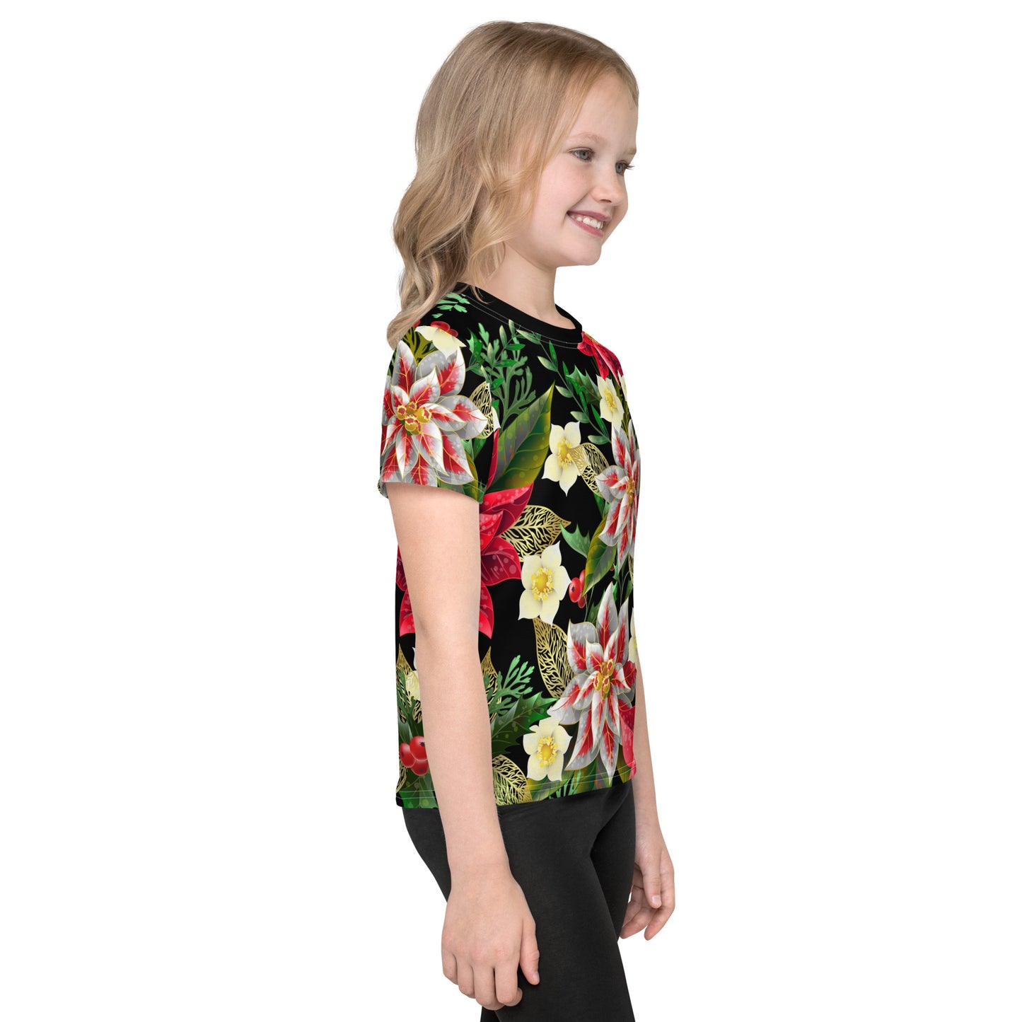 Kids Christmas TShirt Poinsettia & Holly Festive Oversized All-Over Print Unisex Kids T-Shirt