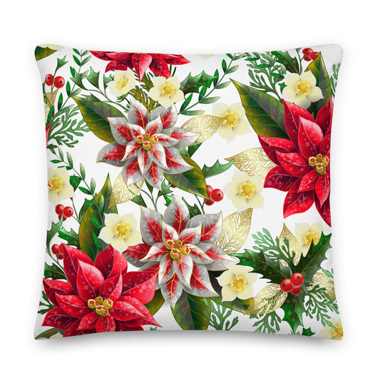 Christmas Cushion Poinsettia & Holly All-Over Print Premium Pillow Throw Cushion