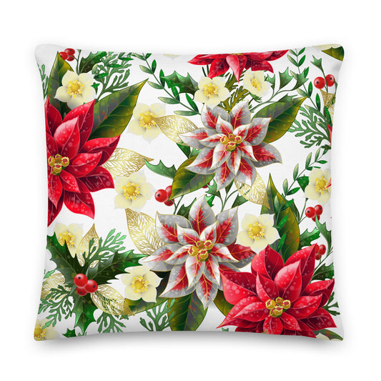Christmas Cushion Poinsettia & Holly All-Over Print Premium Pillow Throw Cushion