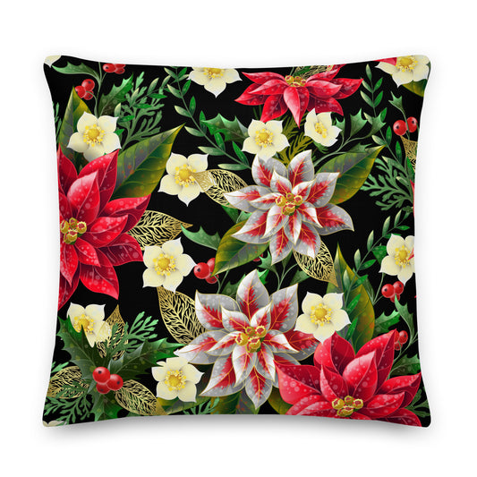 Christmas Cushion Poinsettia & Holly All-Over Print Premium Pillow Throw Cushion